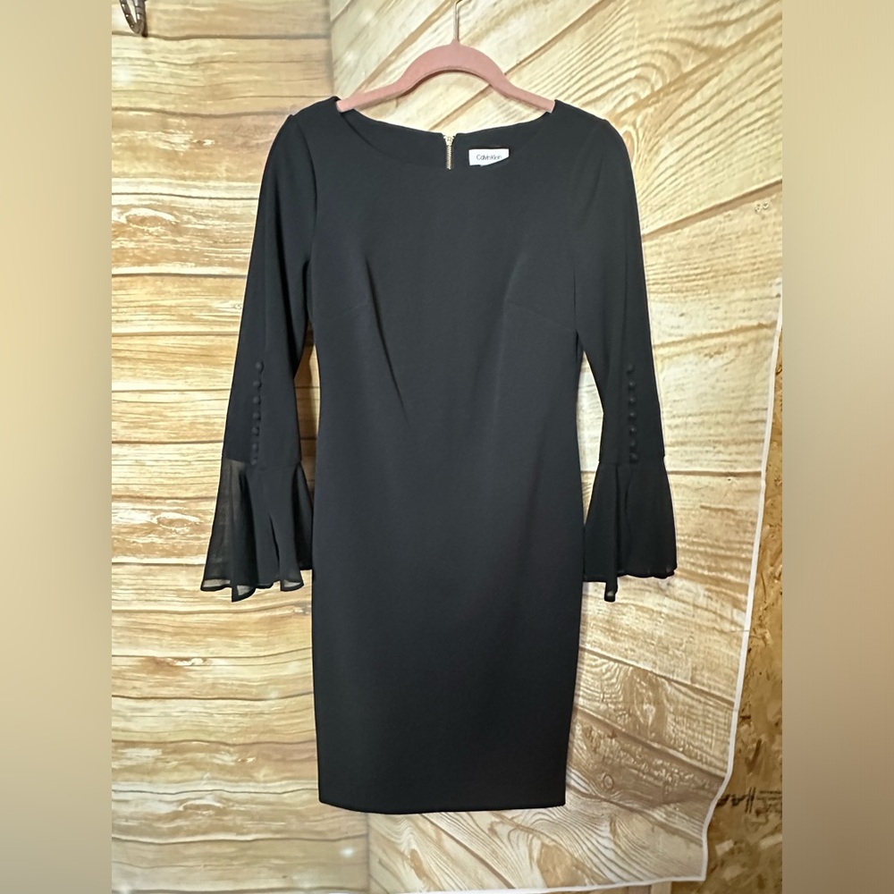 Calvin Klein Women's Solid Sheath with Chiffon Bell Sleeves Dress